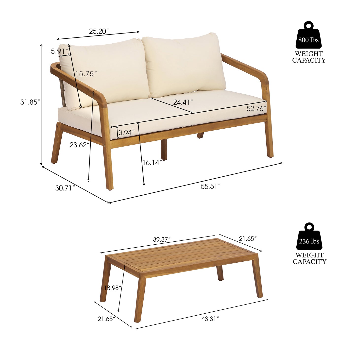 Acacia Wood Outdoor Loveseat and Coffee Table Set