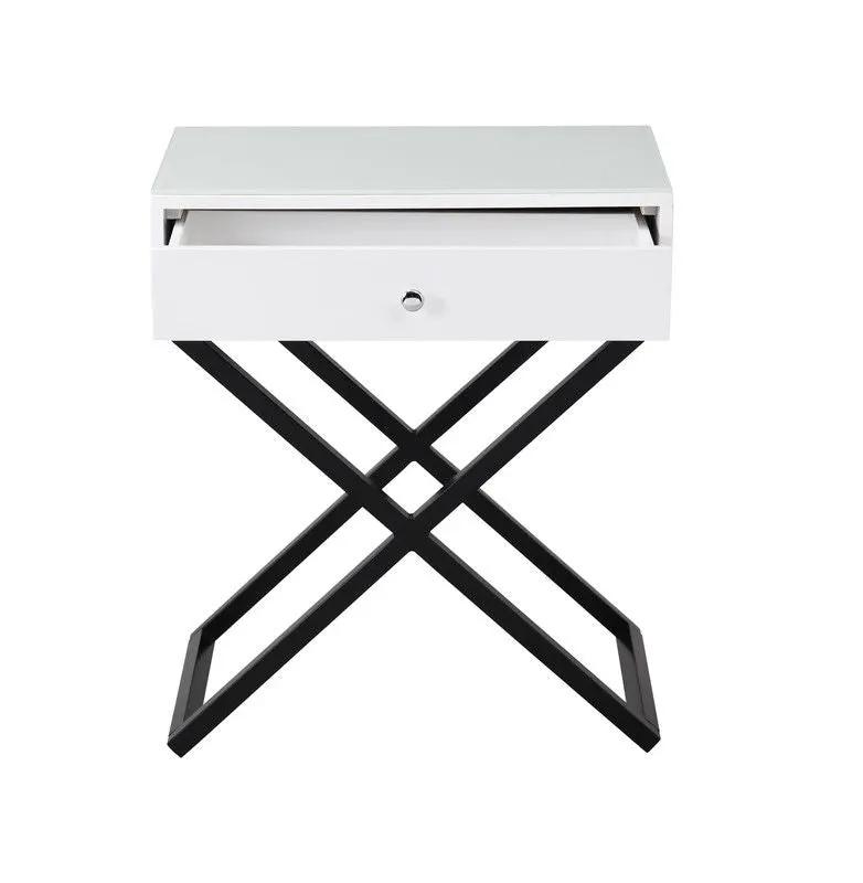 Koda end side table nightstand with white drawer, glass top, black geometric X-base on Tampa Home & Garden Store