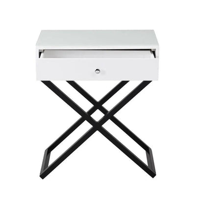 Koda end side table nightstand with white drawer, glass top, black geometric X-base on Tampa Home & Garden Store