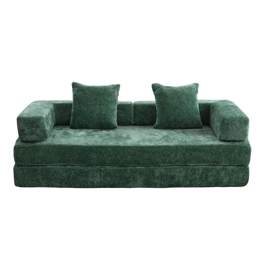 Convertible floor sofa bed in emerald green velvet with two square back cushions on Tampa Home & Garden Store