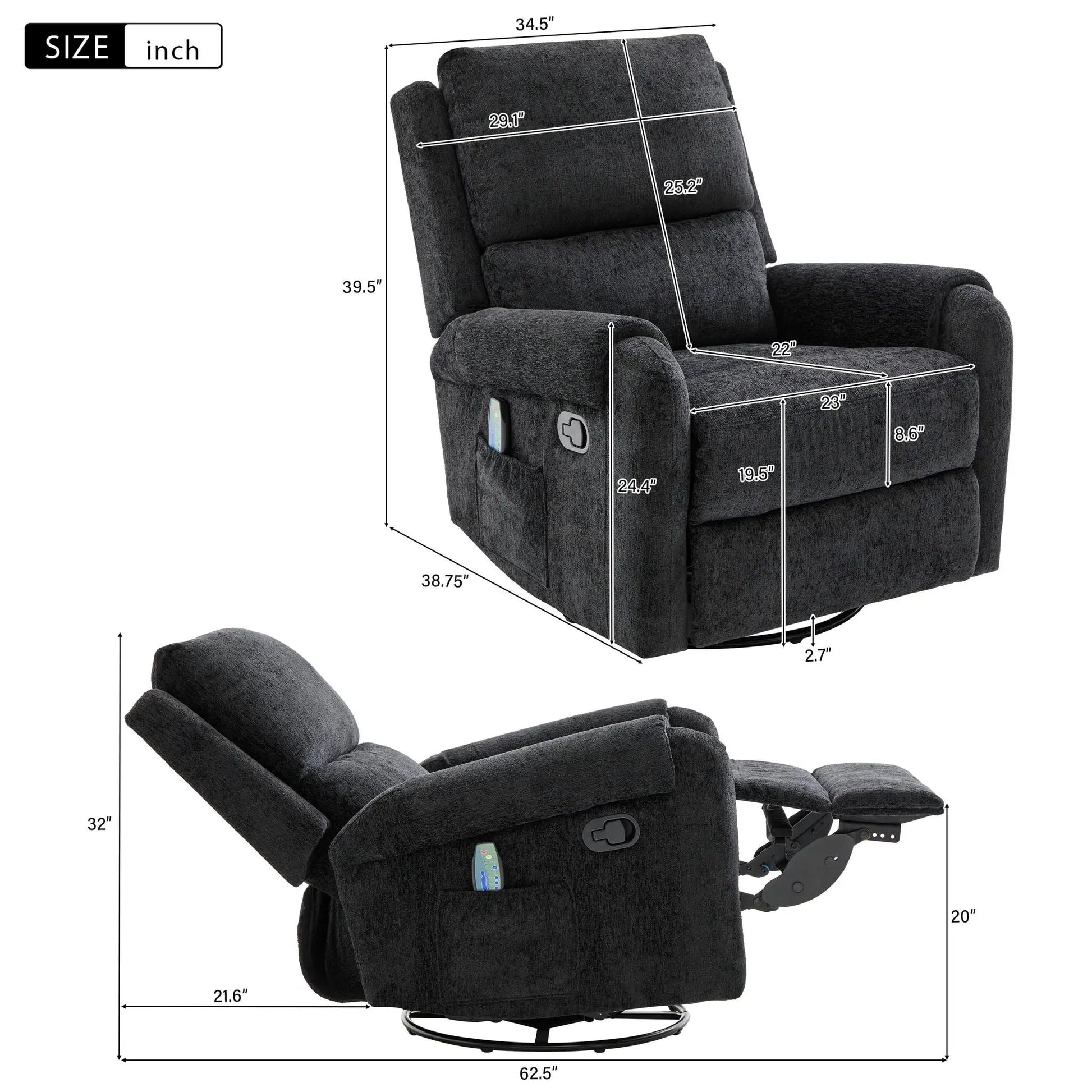 Manual recliner massage chair with swivel rocker, 8 modes, side storage pocket, gray fabric on Tampa Home & Garden Store