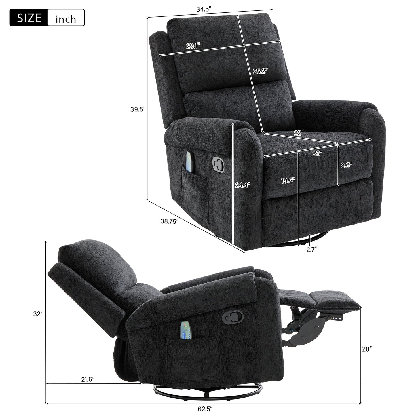 Manual Recliner Massage Chair in dark gray fabric from HouseOfZazla with swivel rocker, 8 modes on Tampa Home & Garden Store