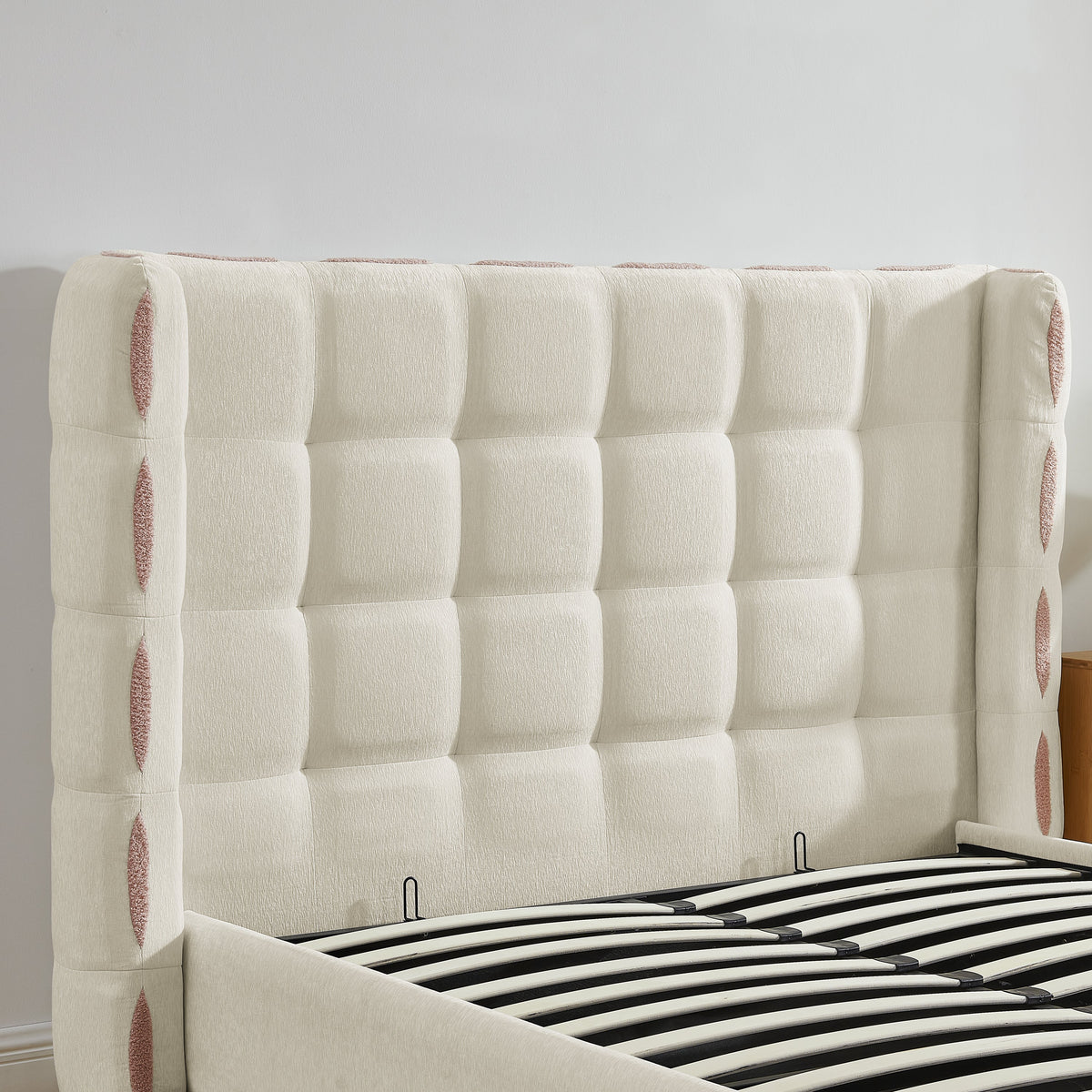 Queen size removable chenille wingback bed in ivory with waffle tufting and pink edge trim on Tampa Home & Garden Store