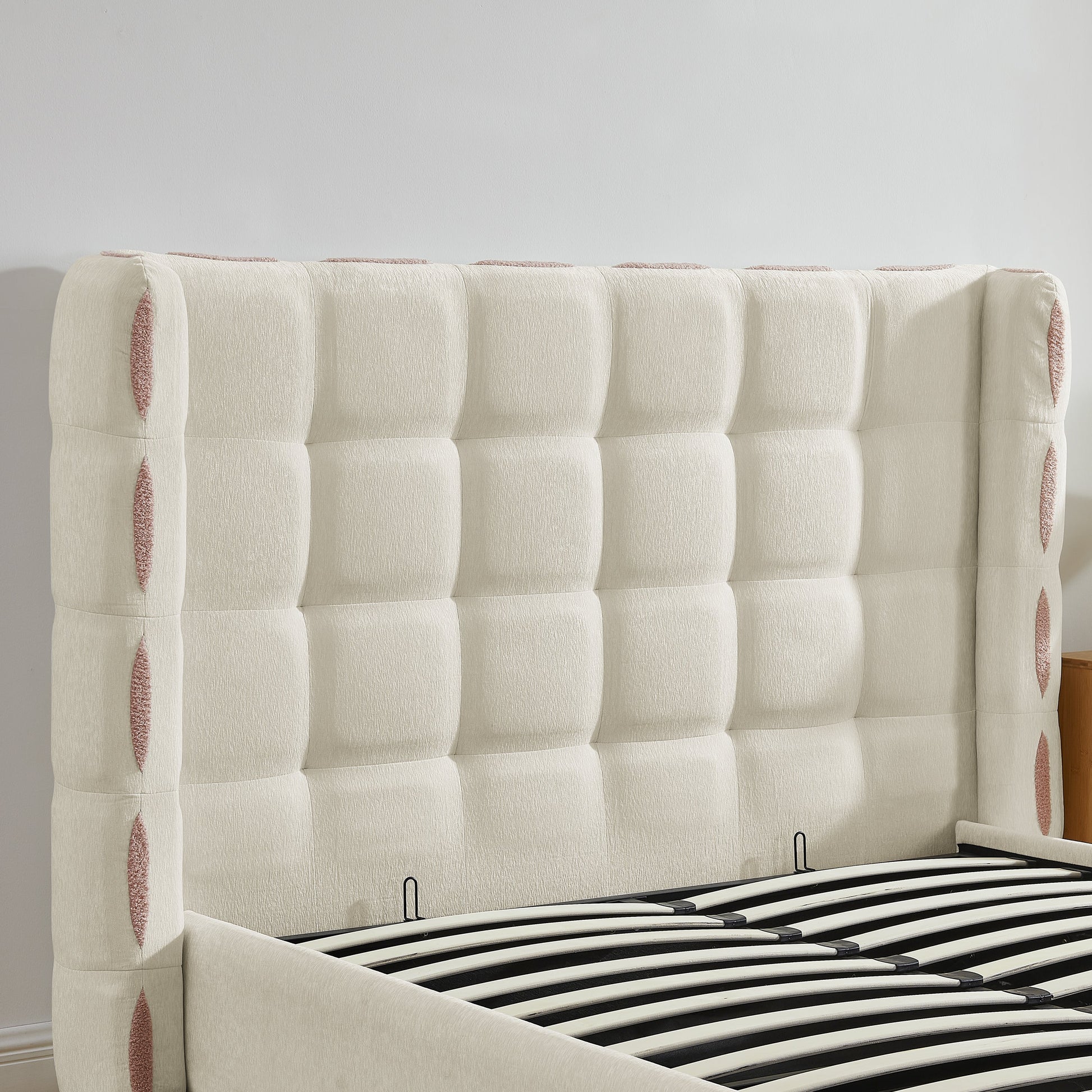 Queen size removable chenille wingback bed in ivory with waffle tufting and pink edge trim on Tampa Home & Garden Store