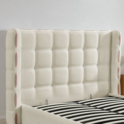 Queen size removable chenille wingback bed in ivory with waffle tufting and pink edge trim on Tampa Home & Garden Store