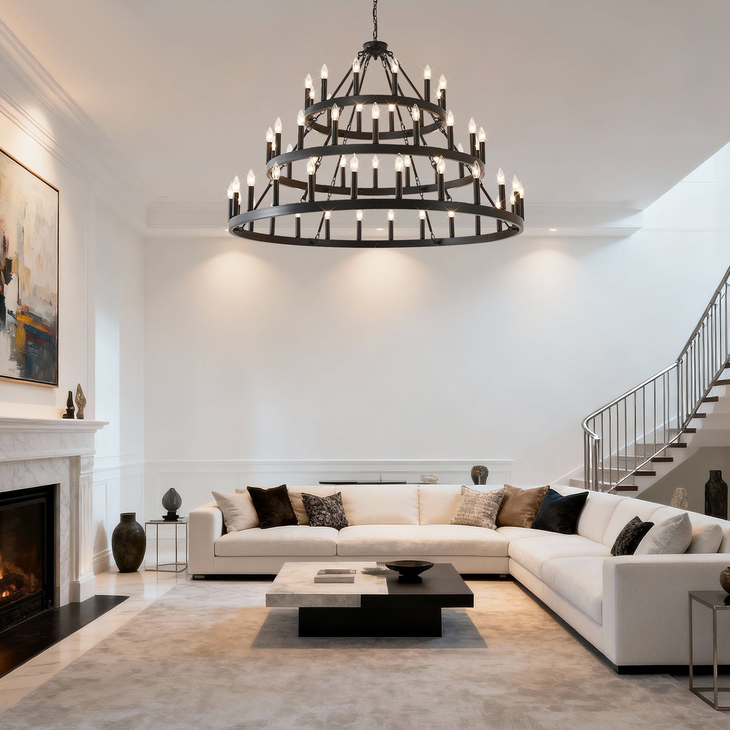 3-tier wagon wheel chandelier with 54 candle bulbs in matte black metal on Tampa Home & Garden Store