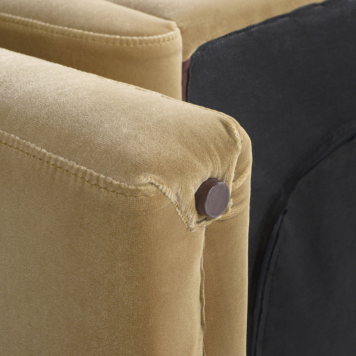 Arched Arm Chair in camel beige performance velvet with brown button accent on Tampa Home & Garden Store