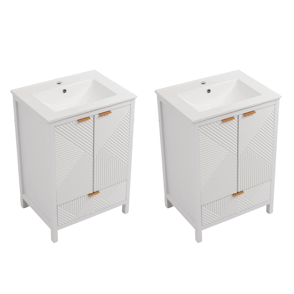 Two white modern bathroom vanities with sinks, ribbed doors and light wood handles HouseOfZazla on Tampa Home & Garden Store
