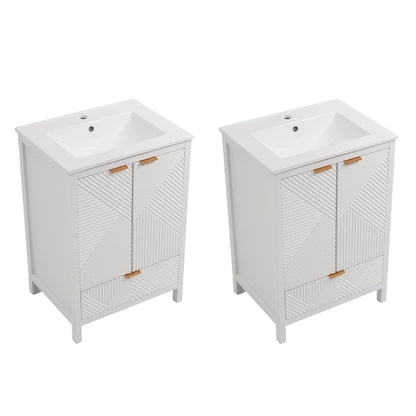 Two white modern bathroom vanities with sinks, ribbed doors and light wood handles HouseOfZazla on Tampa Home & Garden Store