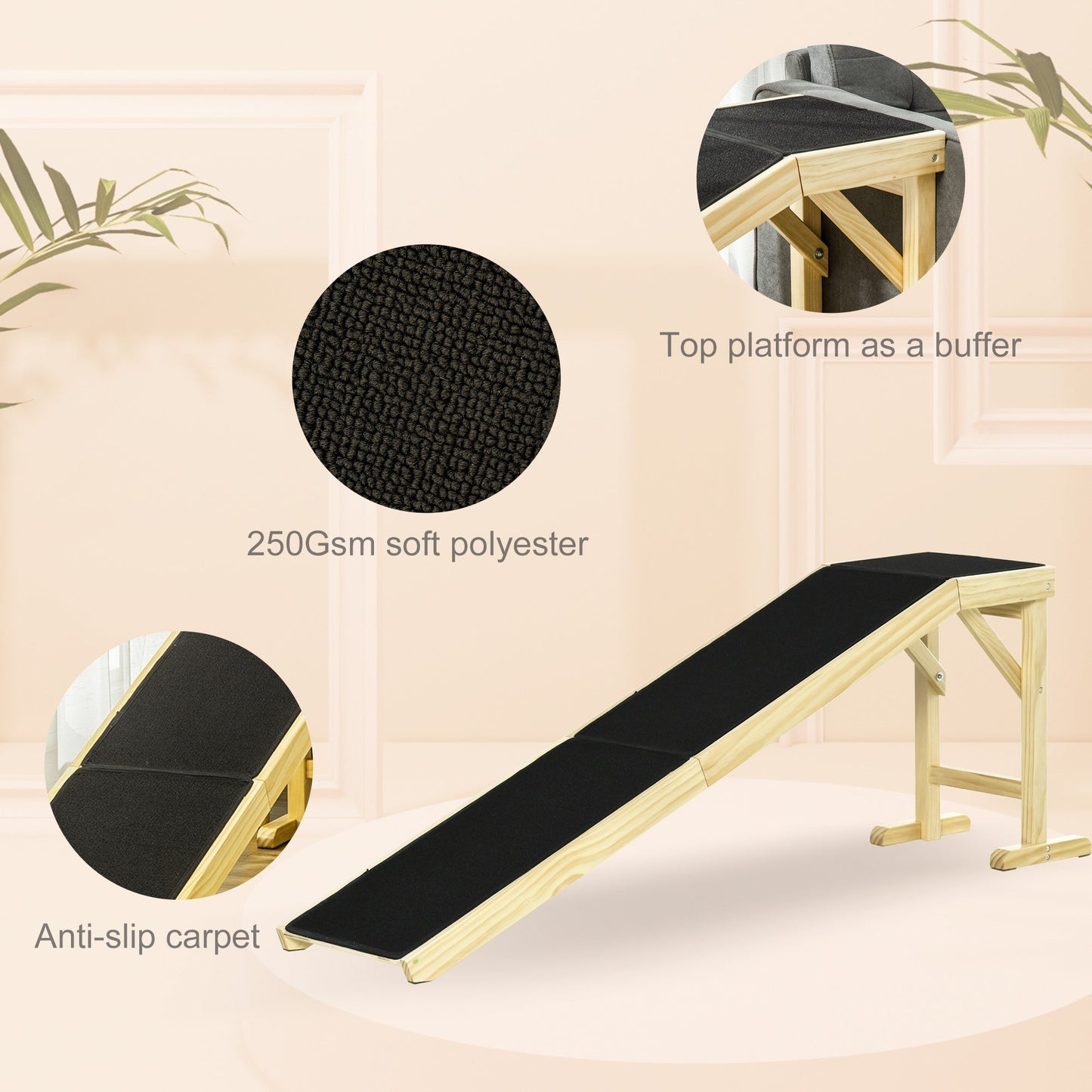 PawHut Dog Ramp for Bed with Non-Slip Carpet, wood frame, black surface, HouseOfZazla on Tampa Home & Garden Store