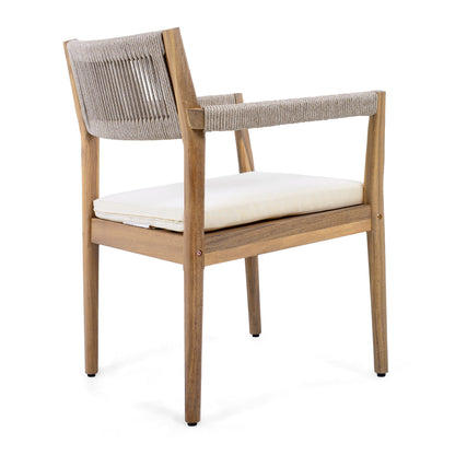 Braided acacia wood outdoor dining chairs set of 2 with teak look, beige rope and cream cushions on Tampa Home & Garden Store