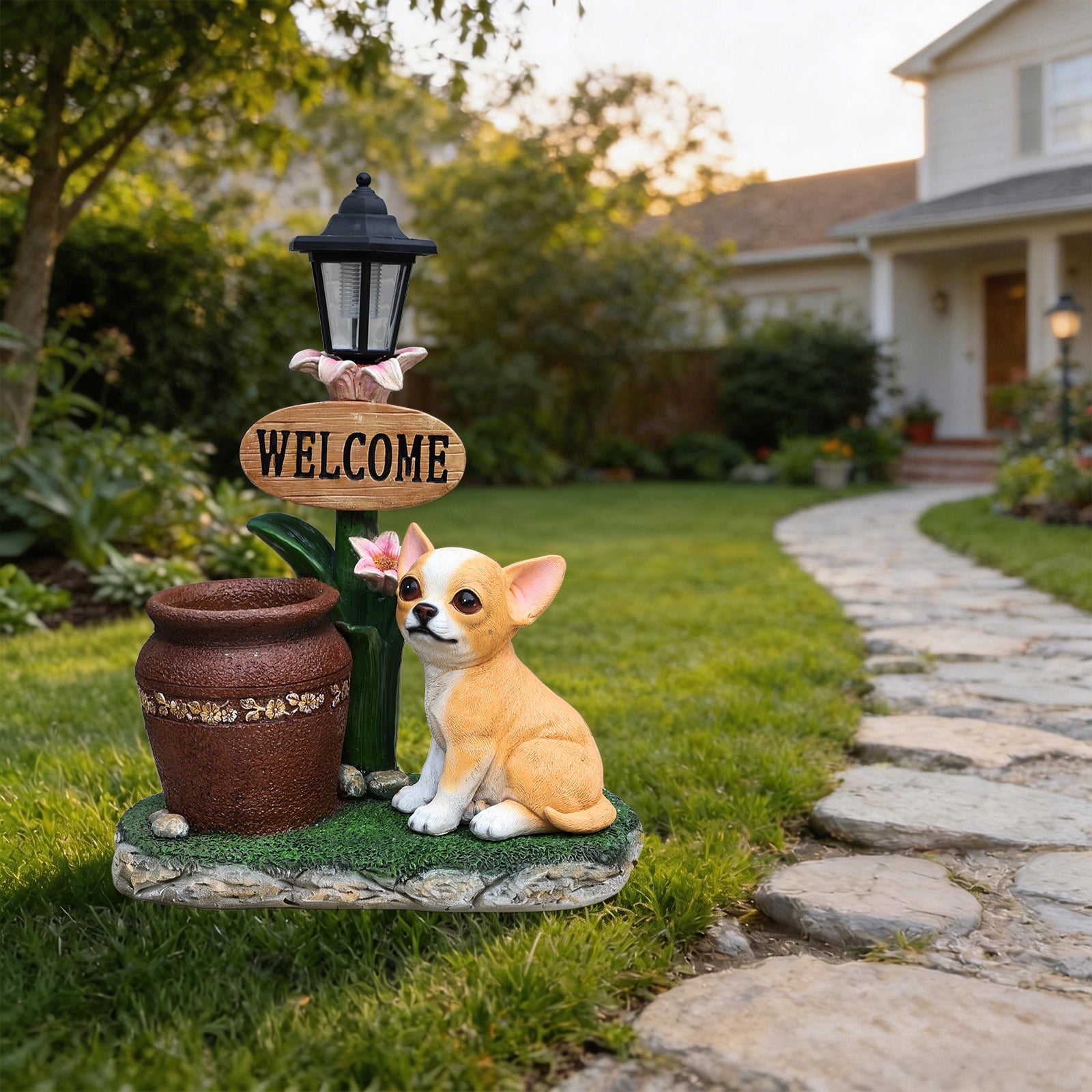 Sitting Corgi Dog Planter by HouseOfZazla with welcome sign and lantern, garden decor on Tampa Home & Garden Store
