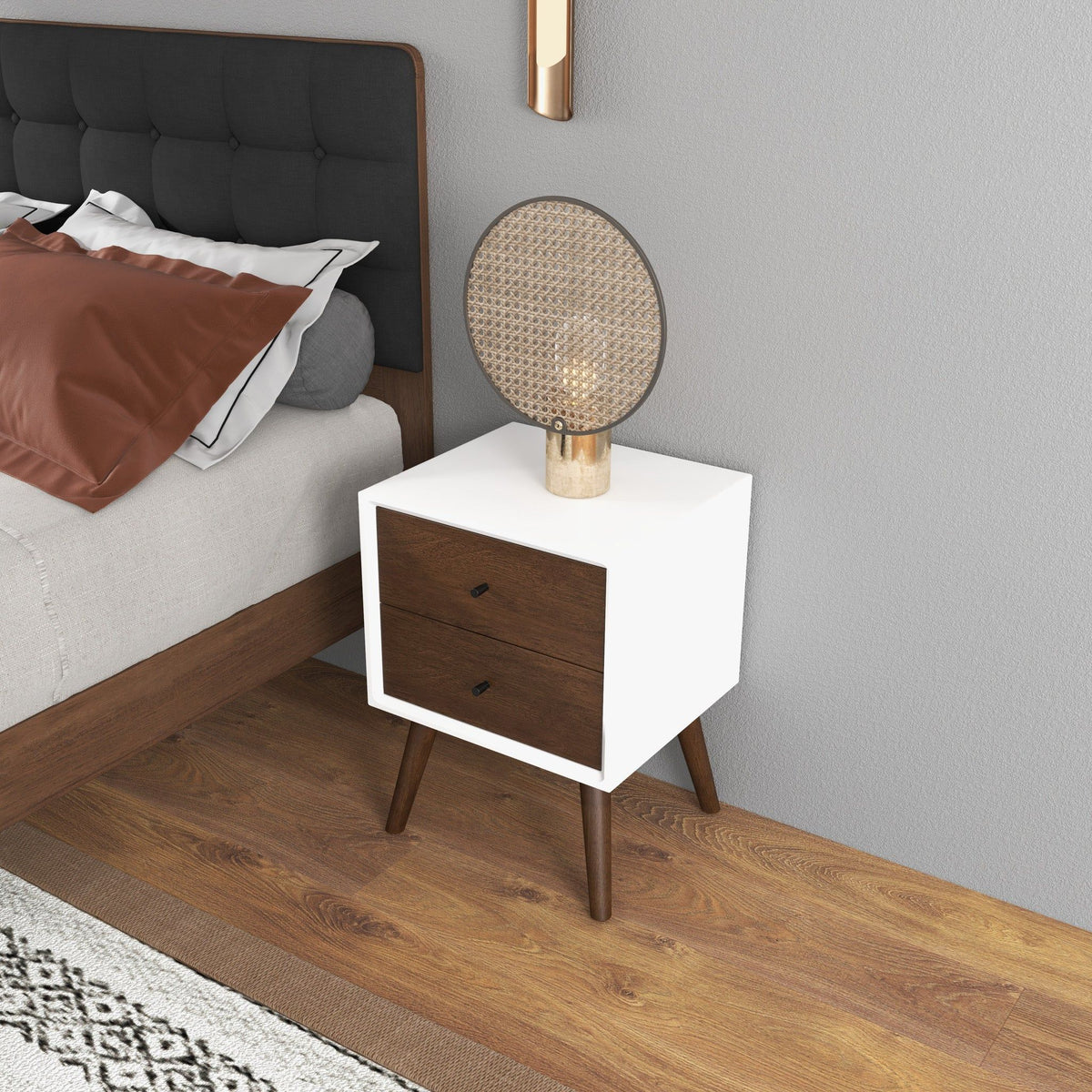 Mid-Century night stand with 2 drawers, white frame and dark brown fronts, HouseOfZazla on Tampa Home & Garden Store