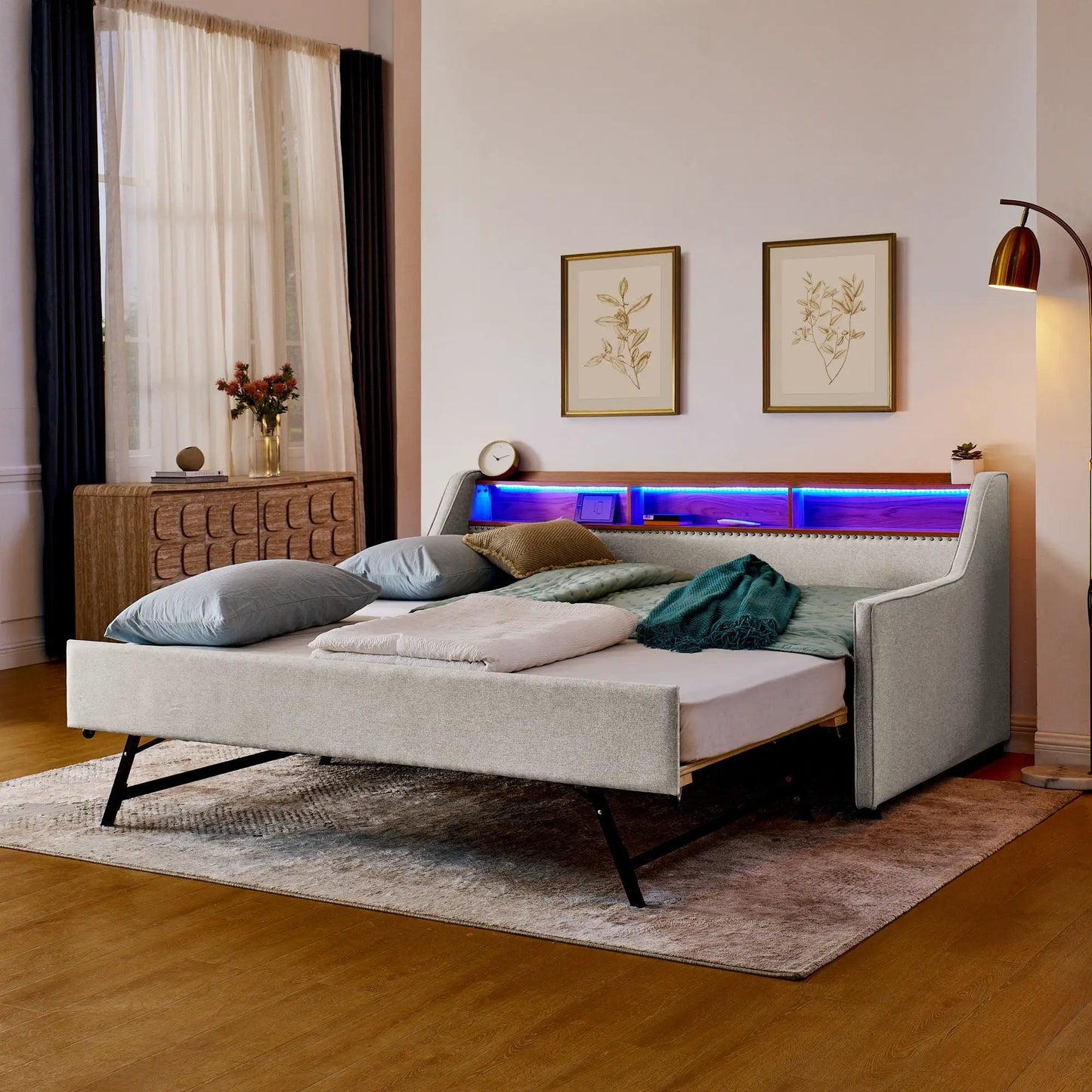 Upholstered sofa bed by Unique Piece Furniture with LED lighting and storage headboard in gray fabric on Tampa Home & Garden Store