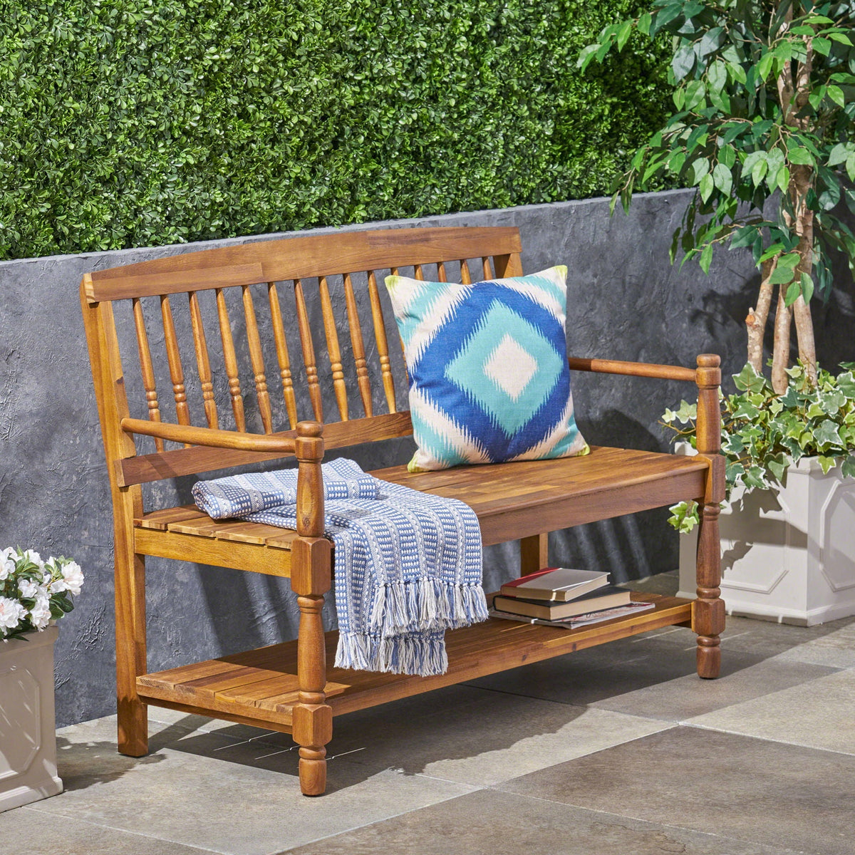 Imperial bench with built-in shelf in acacia wood, light brown finish by HouseOfZazla on Tampa Home & Garden Store