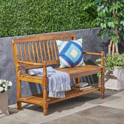 Imperial bench with built-in shelf in acacia wood, light brown finish by HouseOfZazla on Tampa Home & Garden Store