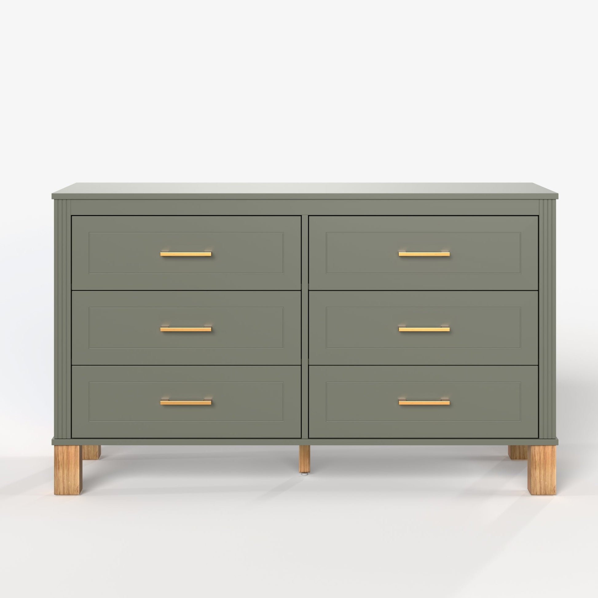 6-drawer double dresser in olive green with gold bar pulls and natural wood legs on Tampa Home & Garden Store