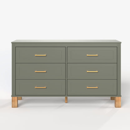 6-drawer double dresser in olive green with gold bar pulls and natural wood legs on Tampa Home & Garden Store
