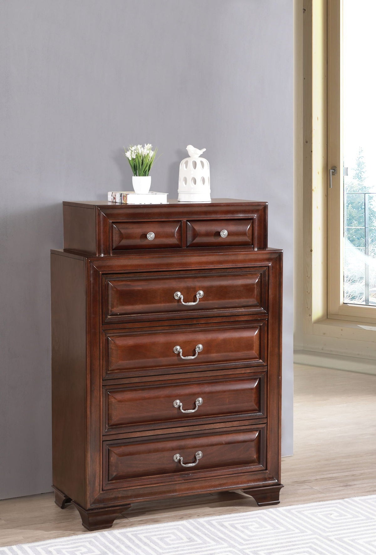 Wood Veneer Accent Chest with dovetail drawers in dark brown topped with white vase and plant on Tampa Home & Garden Store