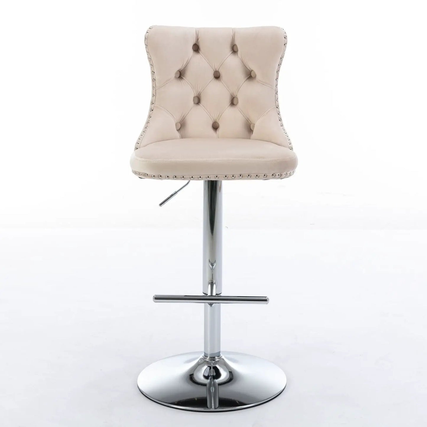 Beige tufted swivel barstool with chrome pedestal base and nailhead trim on Tampa Home & Garden Store