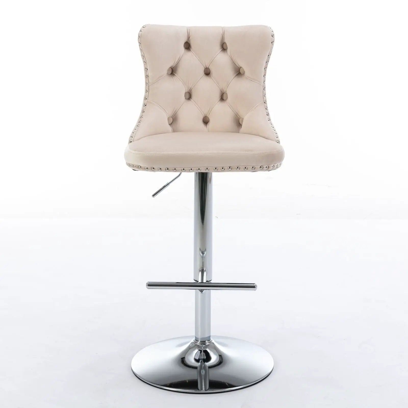 Beige tufted swivel barstool with chrome pedestal base and nailhead trim on Tampa Home & Garden Store
