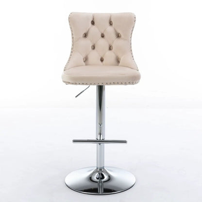 Beige tufted swivel barstool with chrome pedestal base and nailhead trim on Tampa Home & Garden Store