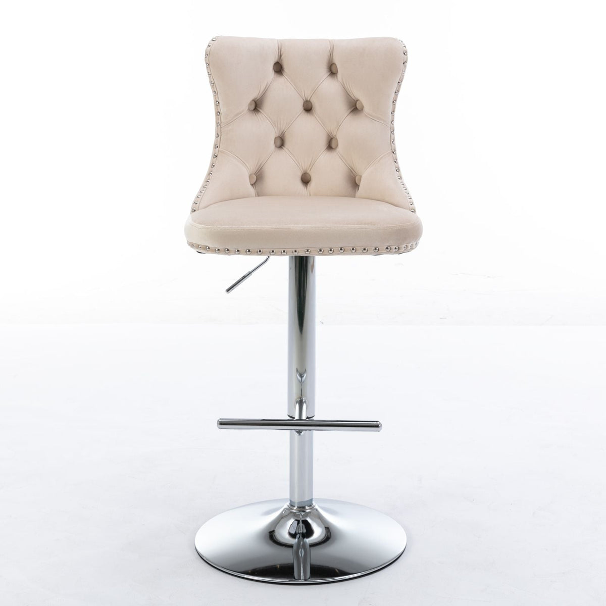 Beige tufted swivel adjustable-height bar stool with nailhead trim and chrome pedestal base on Tampa Home & Garden Store