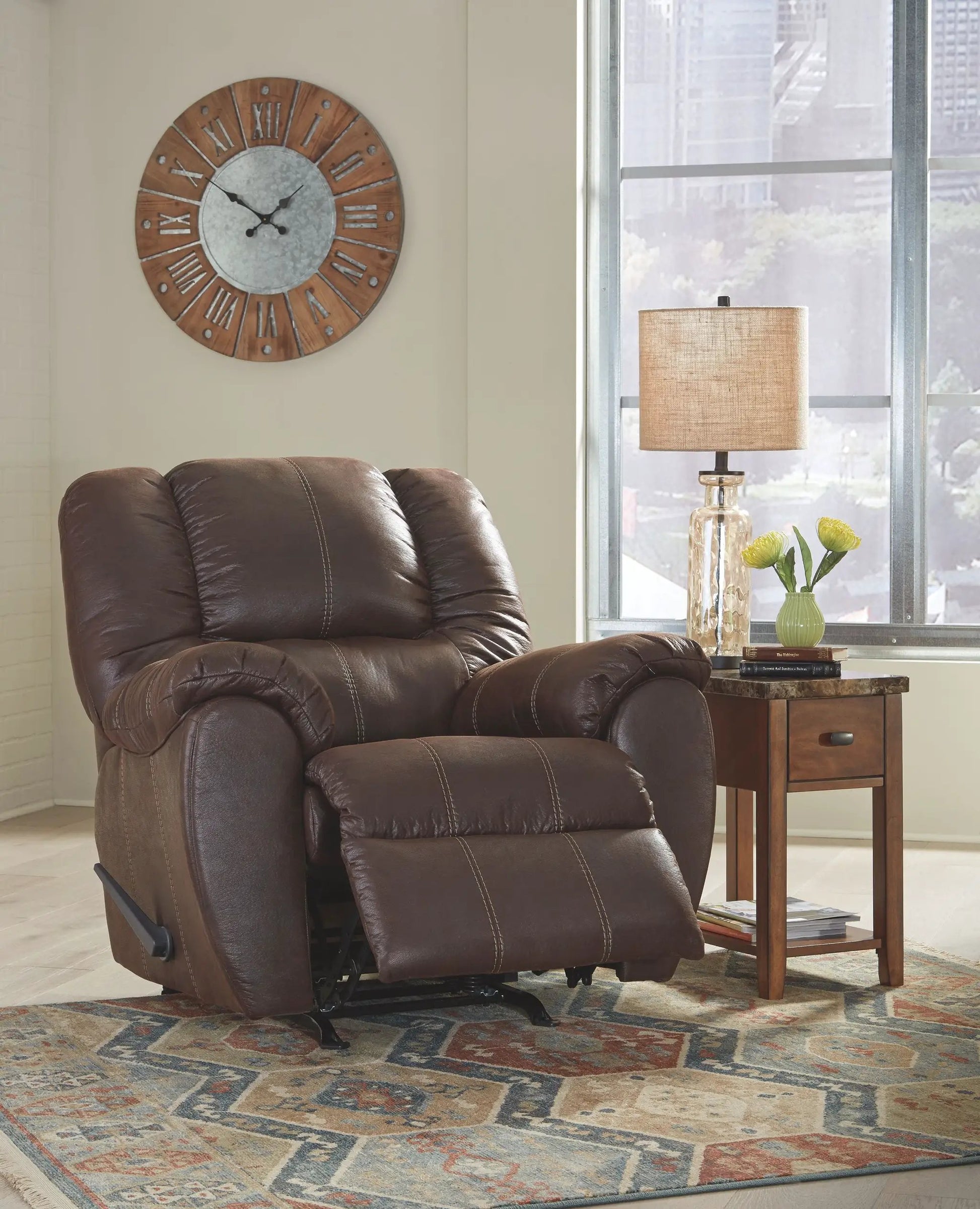 McGann rocker recliner brown leather by Unique Piece Furniture in a cozy living room on Tampa Home & Garden Store