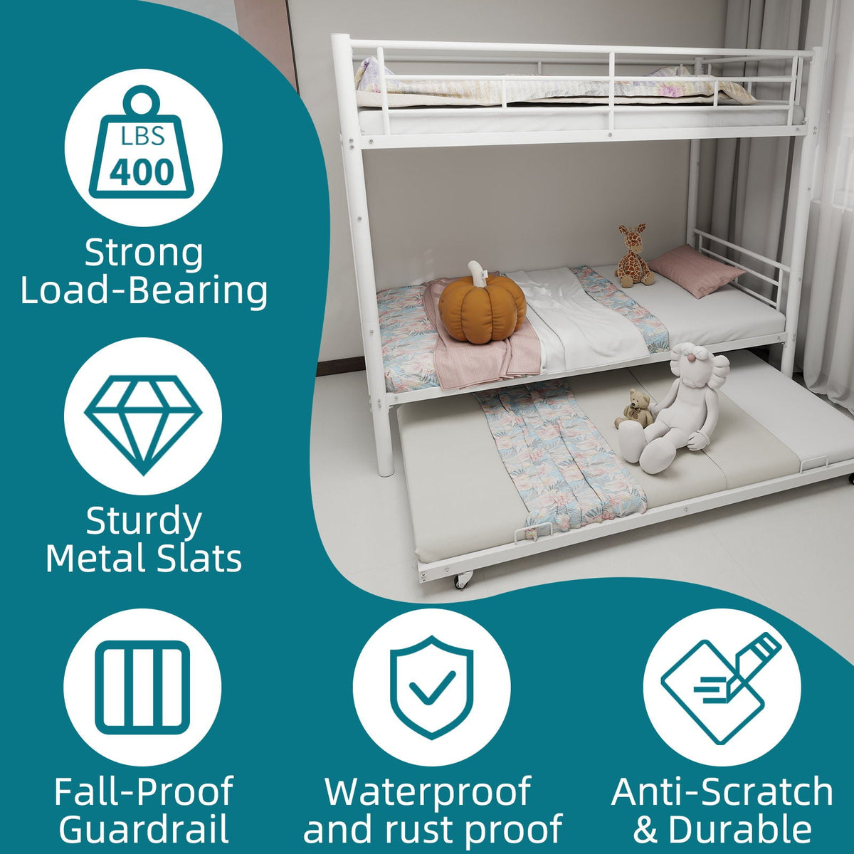 Bunk Bed For Kids by HouseOfZazla, white metal convertible frame with ladders and guardrails on Tampa Home & Garden Store