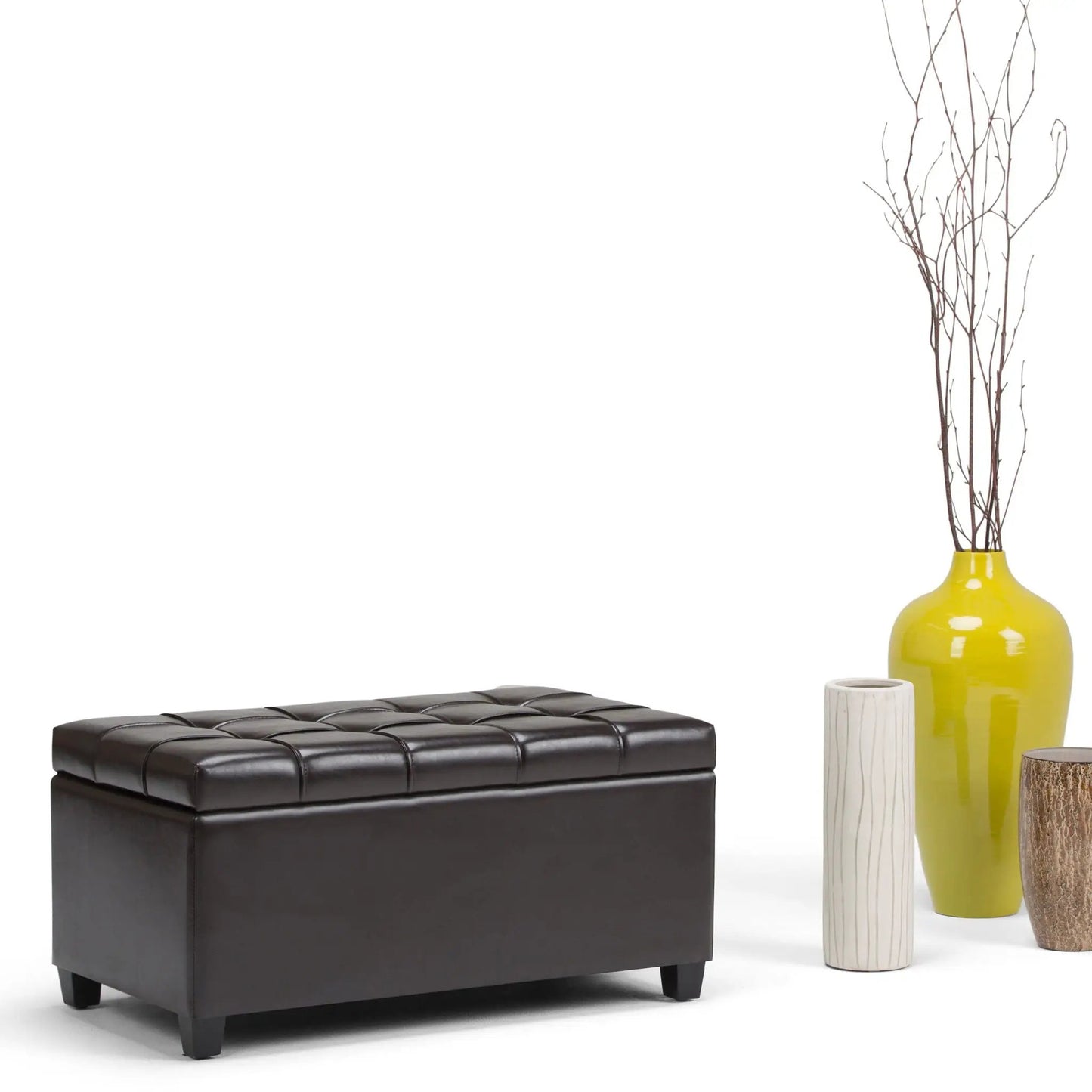 Sienna upholstered storage ottoman bench, black leather with tufted top on Tampa Home & Garden Store