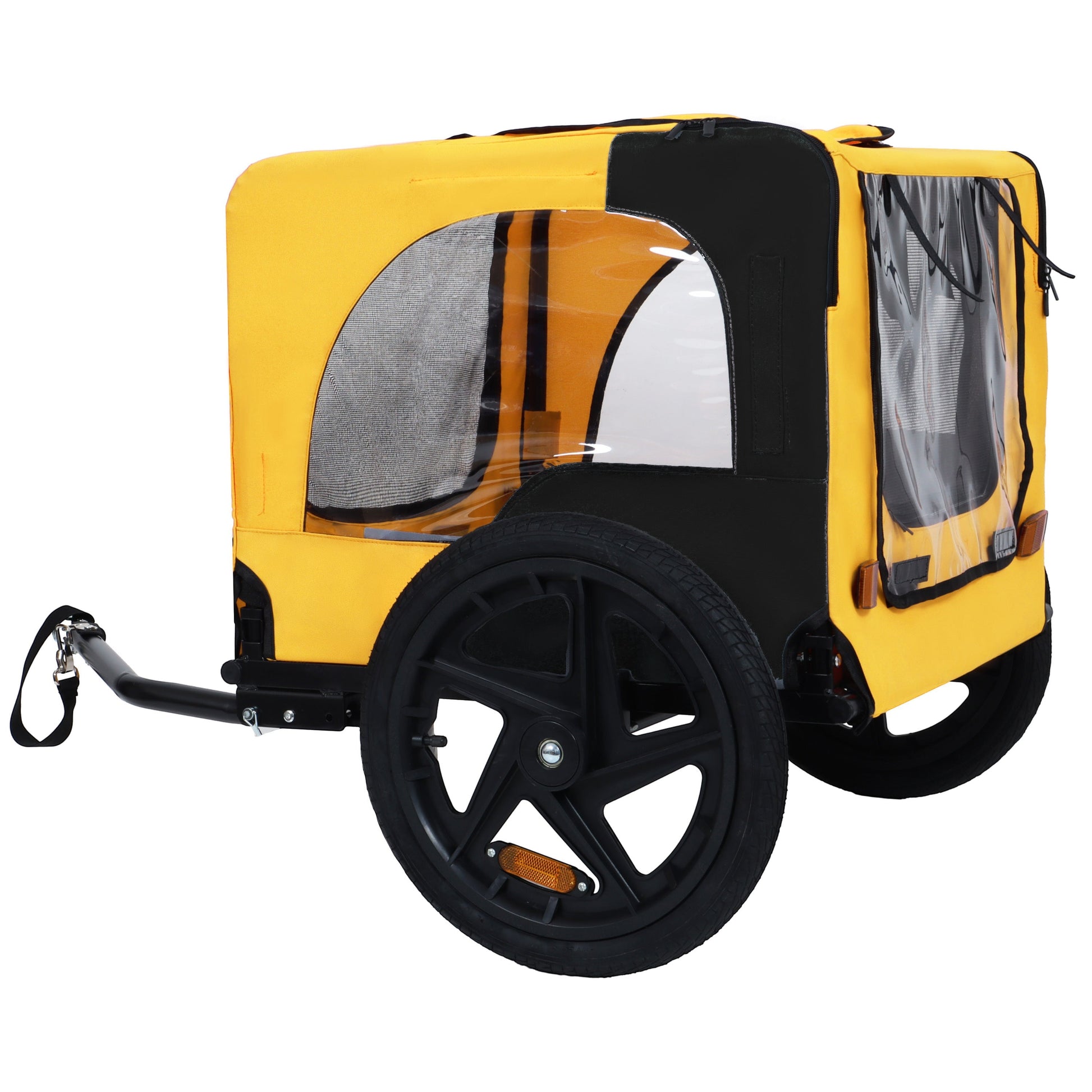 Pet bike trailer by HouseOfZazla for medium dogs up to 66 lbs, yellow with clear window panels on Tampa Home & Garden Store