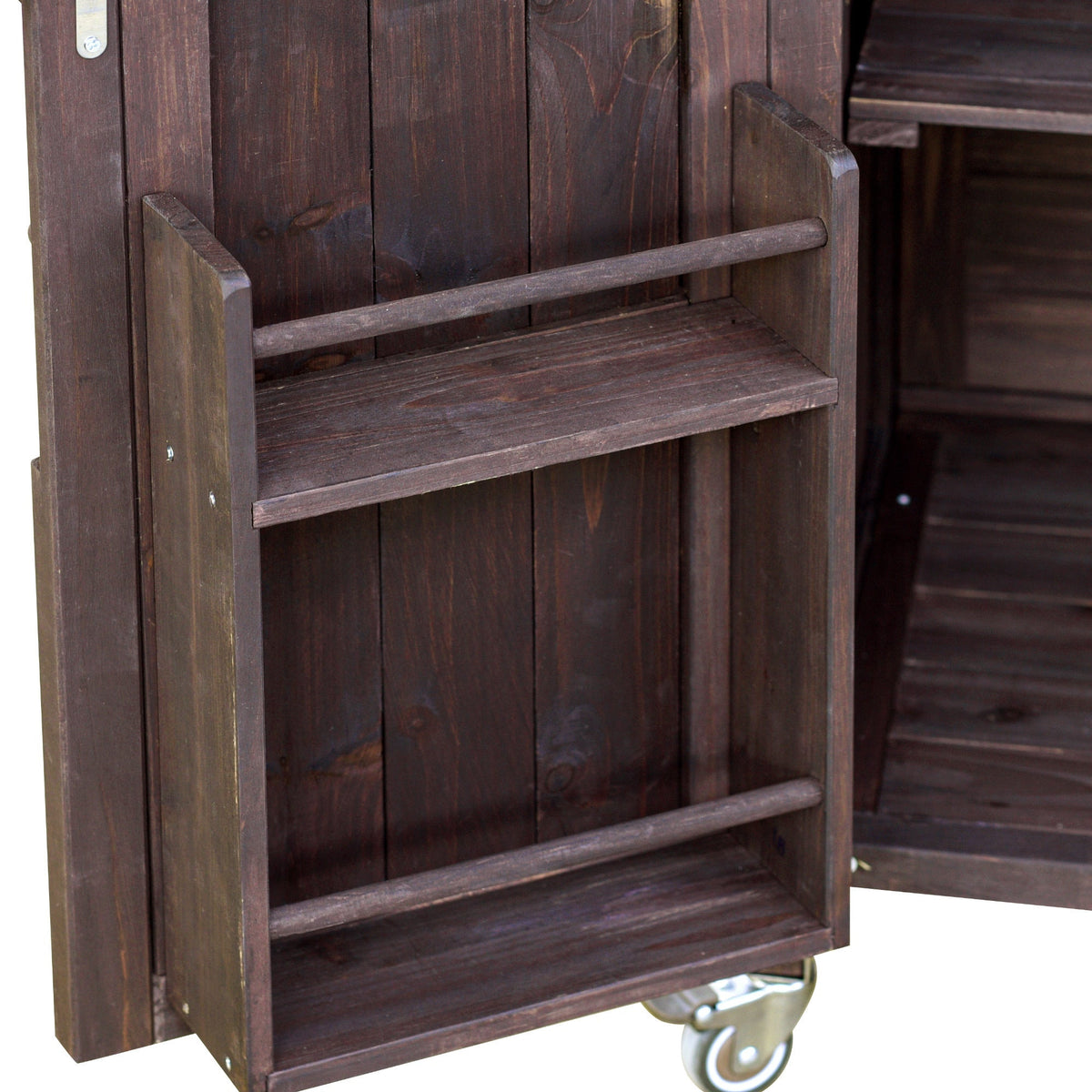 K&K Outdoor Kitchen Island rolling bar cart storage cabinet in dark stained wood with casters on Tampa Home & Garden Store