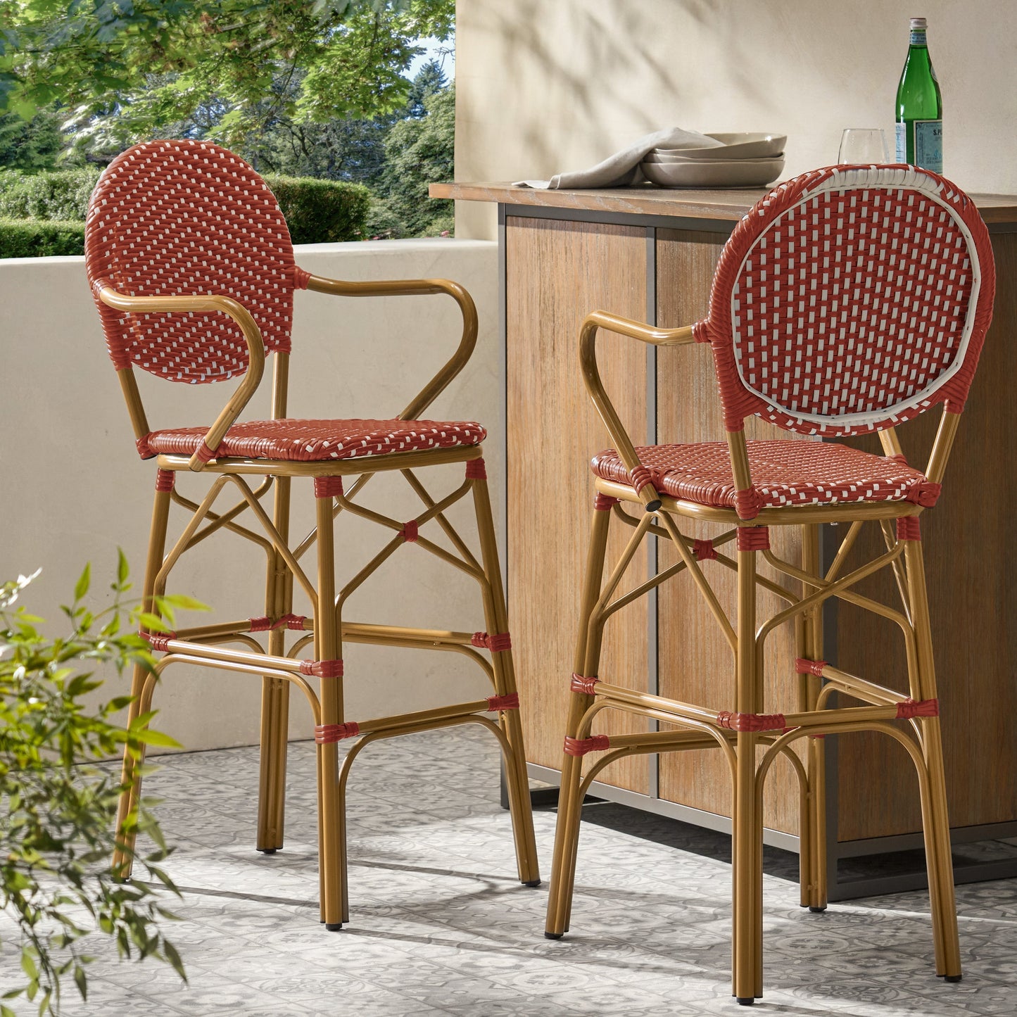 Outdoor red wicker and aluminum French barstools, set of 2, with gold frames on Tampa Home & Garden Store