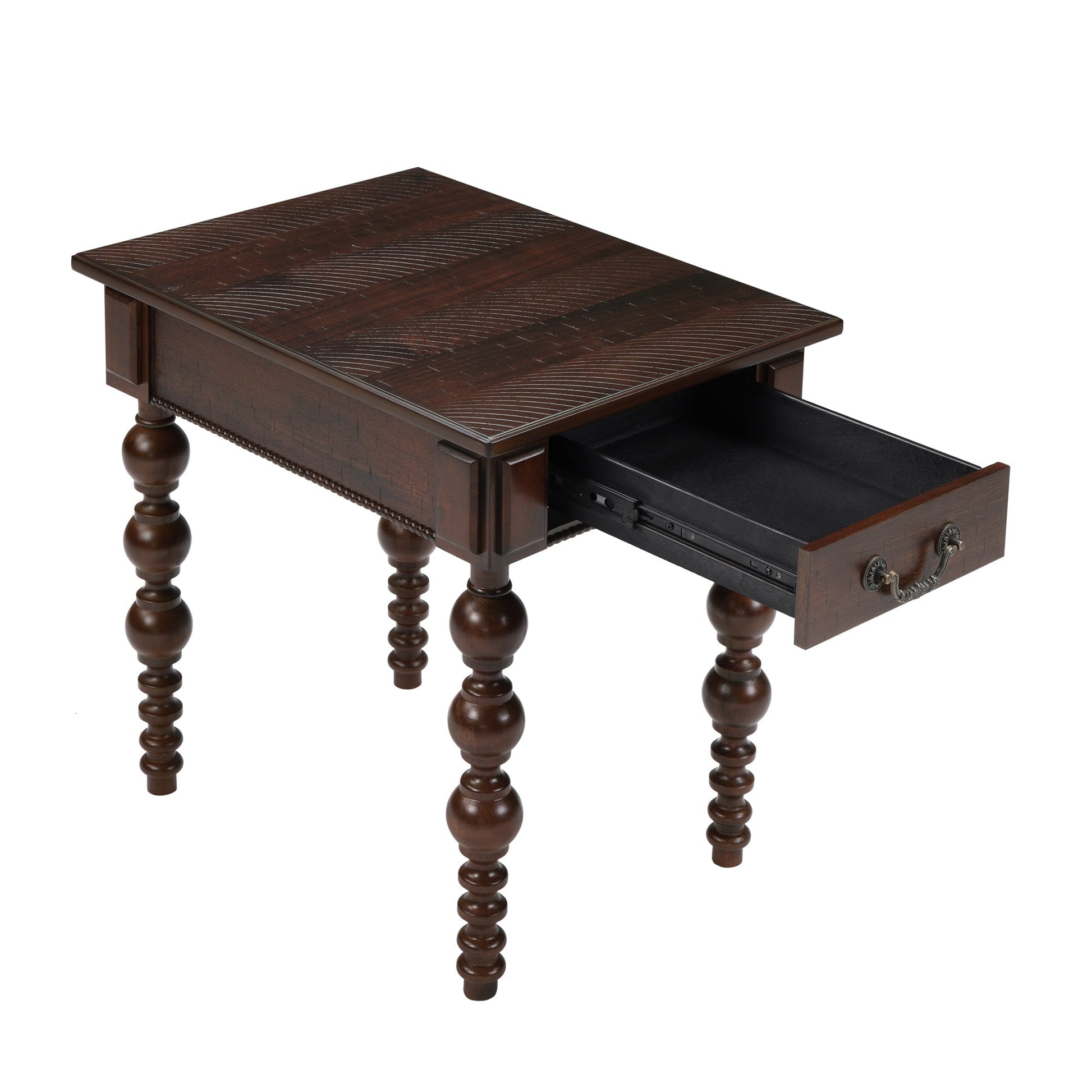 End table in espresso finish, solid wood with drawer, turned legs, bead-trim edge on Tampa Home & Garden Store