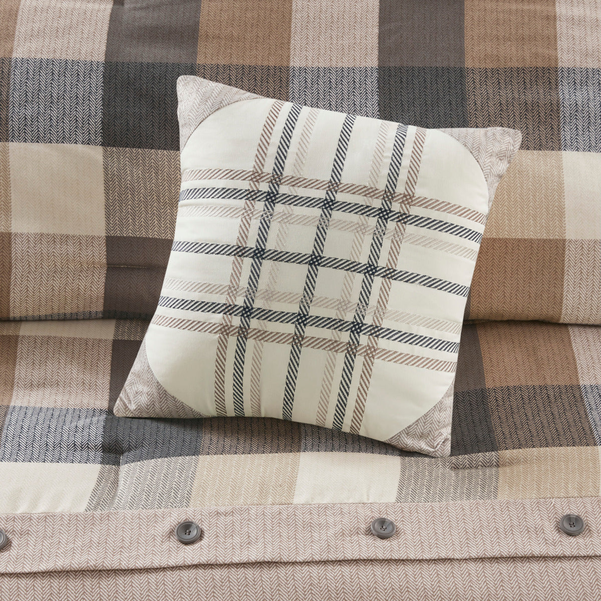 7 Piece Herringbone Comforter Set Neutral Queen with beige brown tones and plaid pillow on Tampa Home & Garden Store