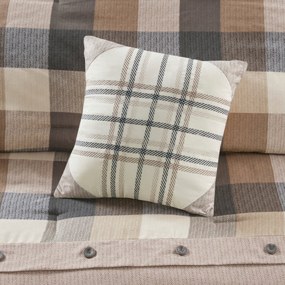 7 Piece Herringbone Comforter Set Neutral Queen with beige brown tones and plaid pillow on Tampa Home & Garden Store