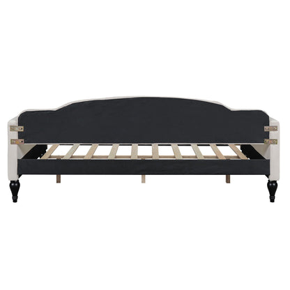 Upholstered tufted daybed black fabric with white frame and slat base by HouseOfZazla on Tampa Home & Garden Store