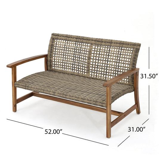 Outdoor Rattan Loveseat and Acacia Wood Frame