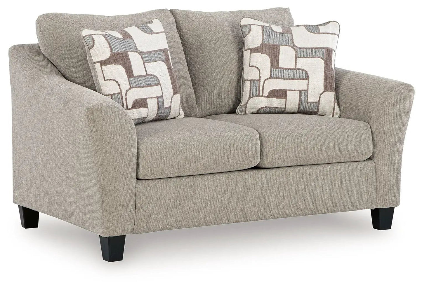 Willarae 2-Pc taupe sofa loveseat by Unique Piece Furniture with patterned throw pillows on Tampa Home & Garden Store