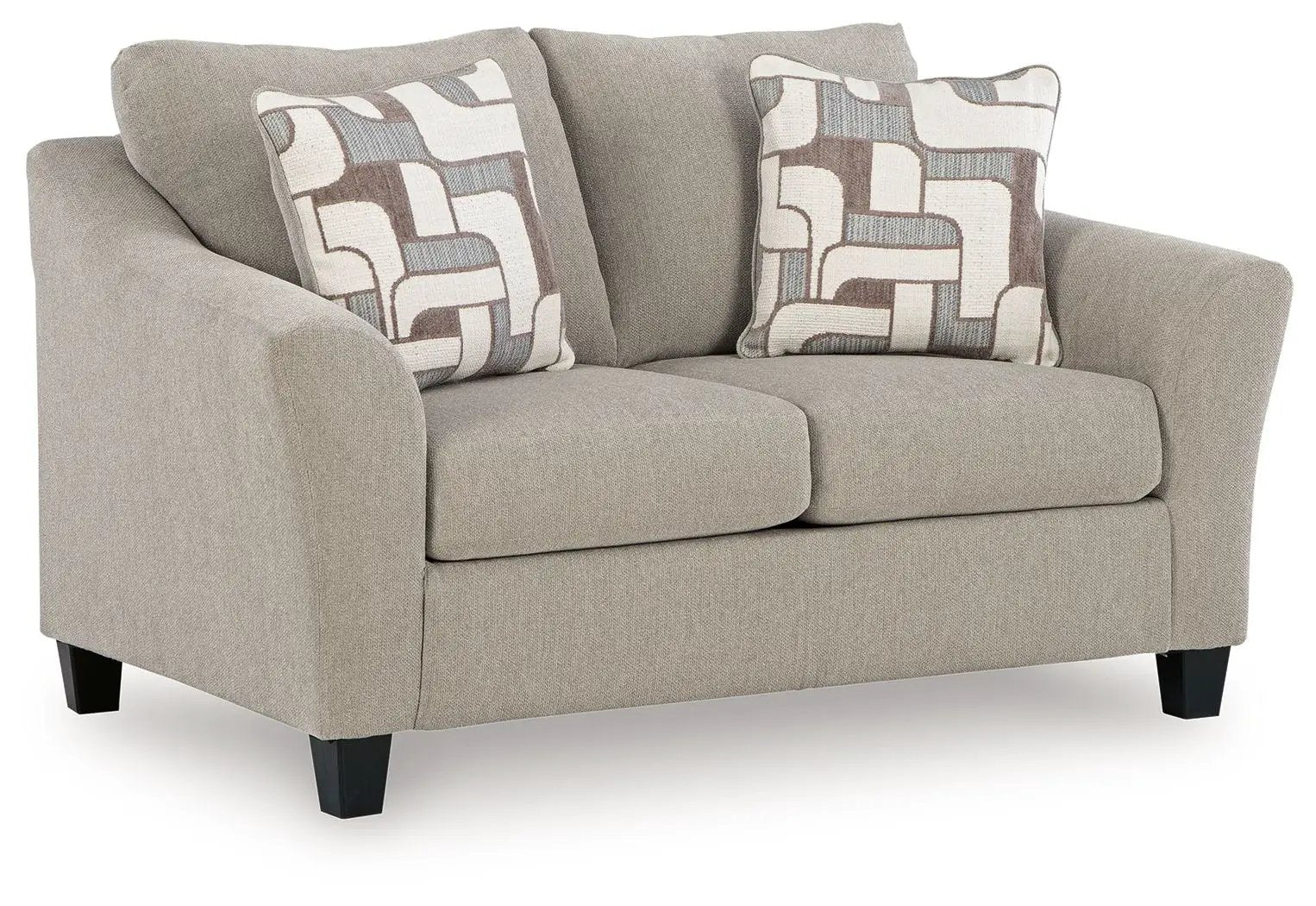Willarae 2-Pc taupe sofa loveseat by Unique Piece Furniture with patterned throw pillows on Tampa Home & Garden Store