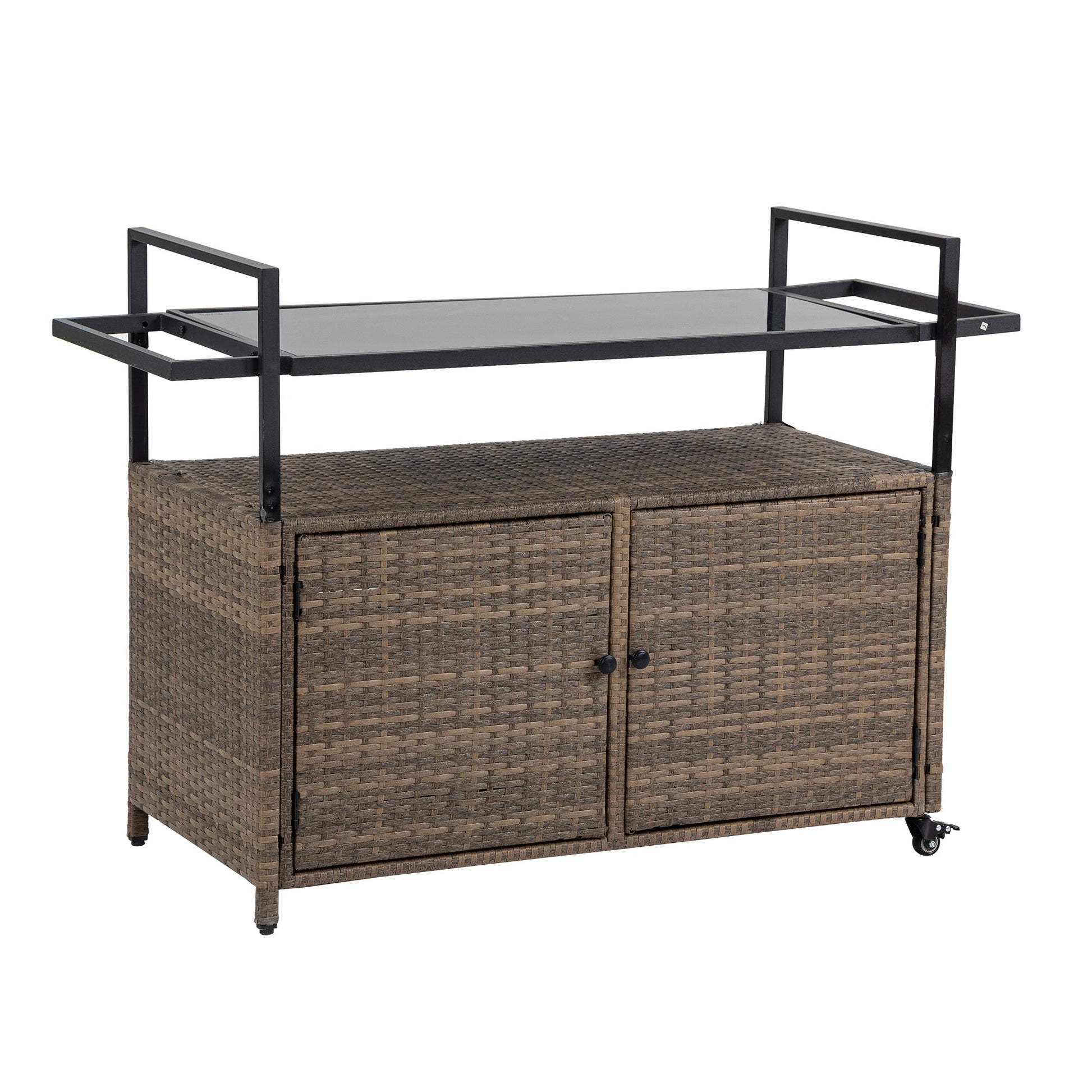 Outdoor Wicker Bar Cart with Glass Top on a black metal frame with wheels on Tampa Home & Garden Store