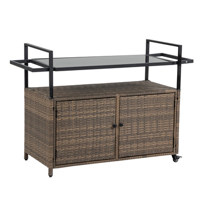 Outdoor Wicker Bar Cart with Glass Top on a black metal frame with wheels on Tampa Home & Garden Store