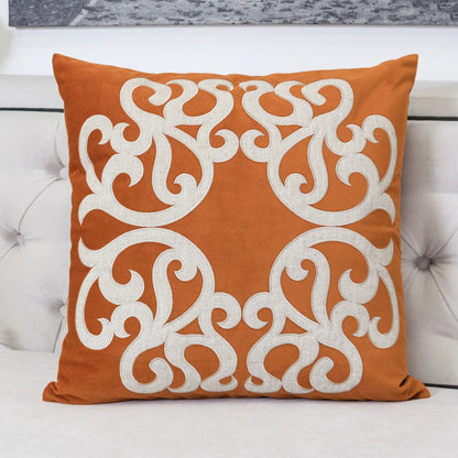 Dora Pillow Cover With Matching Back orange pillow with white embroidery scroll pattern on Tampa Home & Garden Store