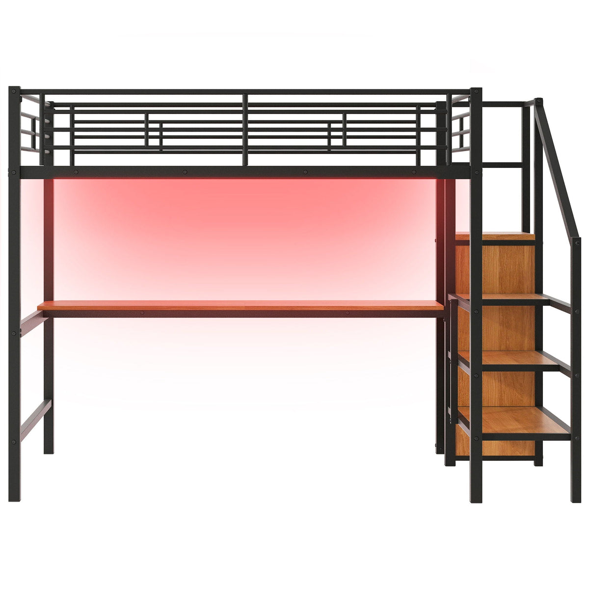 Loft bed with desk and storage staircase in black metal, includes small wardrobe and LED light on Tampa Home & Garden Store
