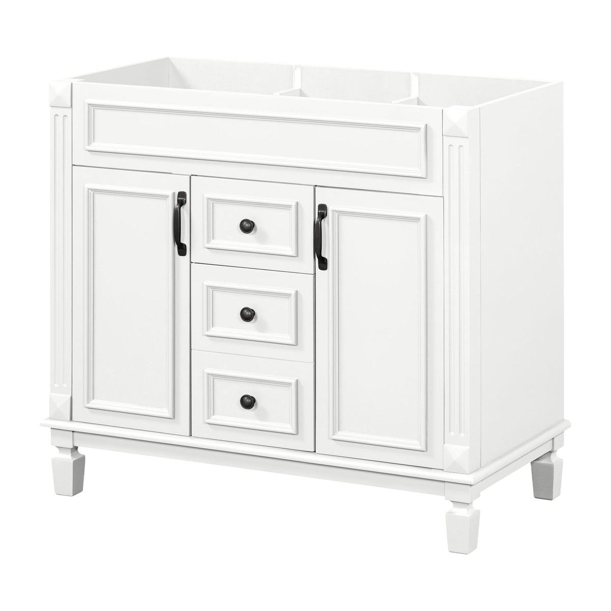 Bathroom vanity base white with raised-panel doors, multiple drawers and black hardware on Tampa Home & Garden Store