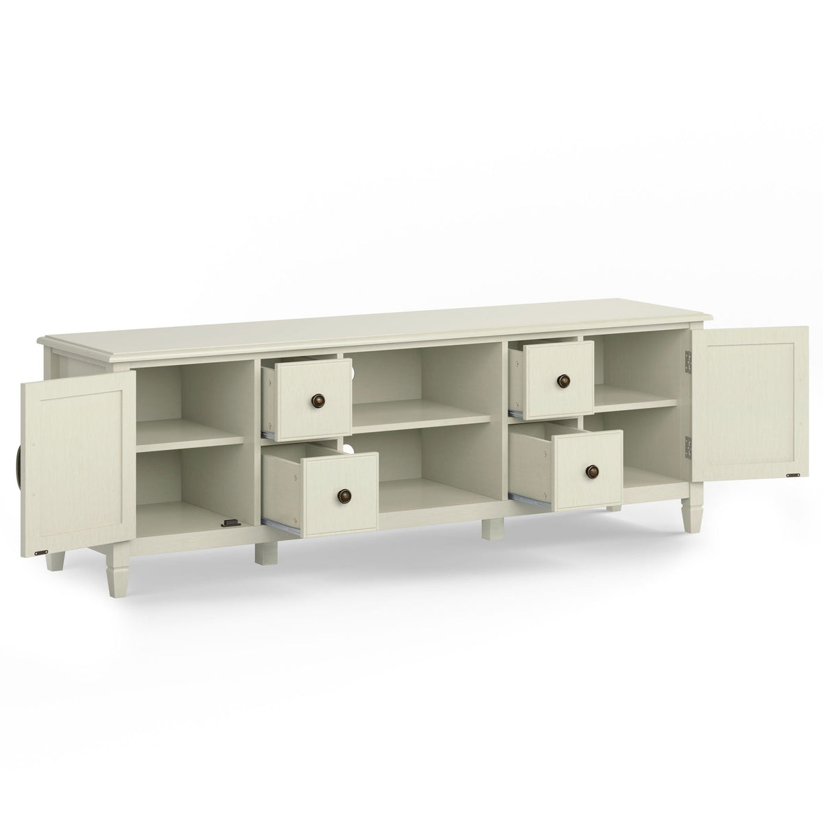 Sturdy solid wood TV stand in cream with wide storage, 4 cabinets and open shelves HouseOfZazla on Tampa Home & Garden Store
