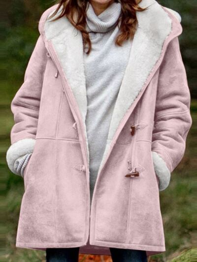 Full Size Pocketed Hooded Toggle Jacket Stevvex pink faux suede with sherpa lining pockets on Tampa Home & Garden Store