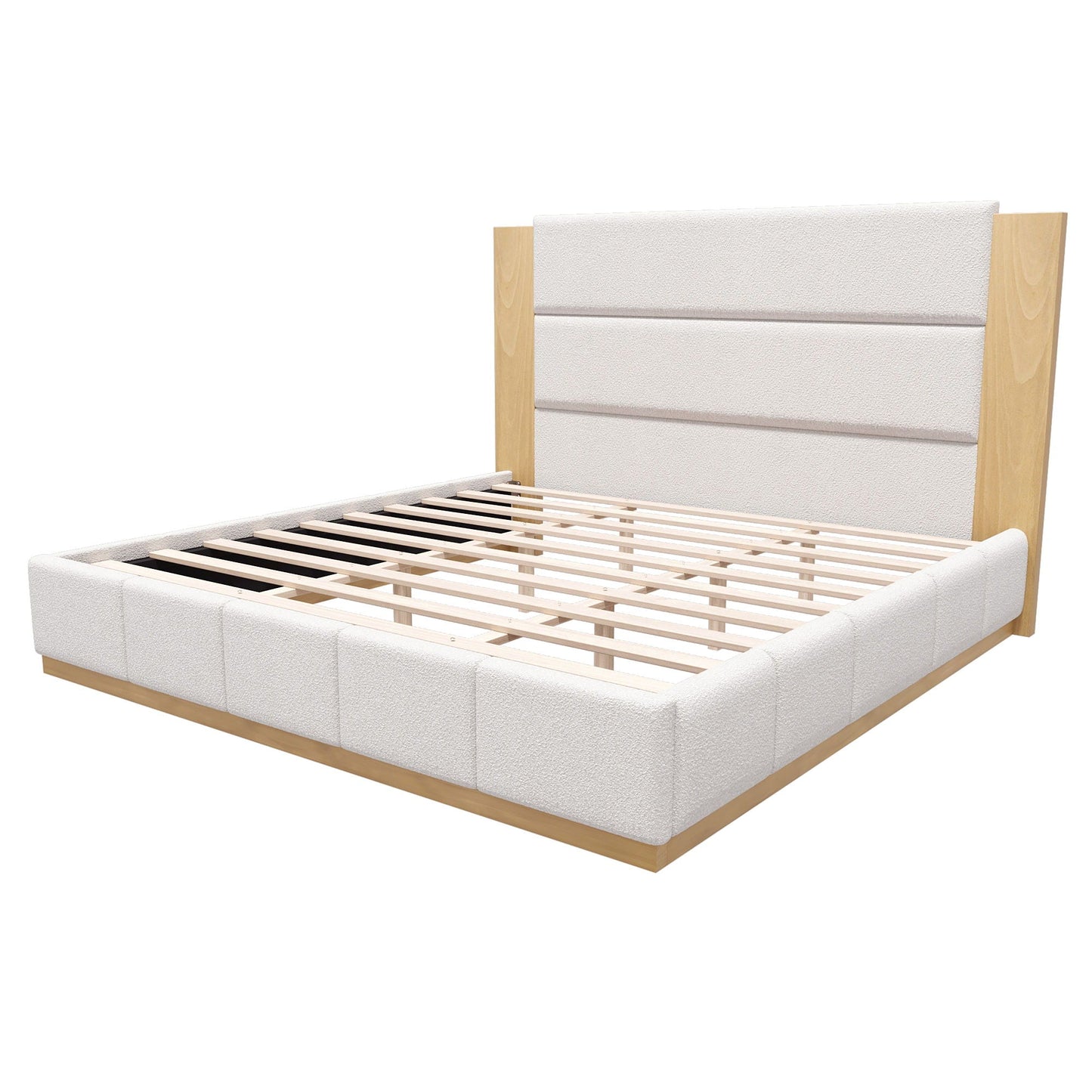 Upholstered platform bed with extended headboard in light gray fabric and wood rails on Tampa Home & Garden Store
