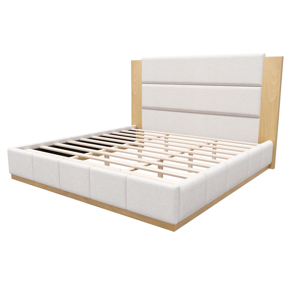 Upholstered platform bed with extended headboard in light gray fabric and wood rails on Tampa Home & Garden Store