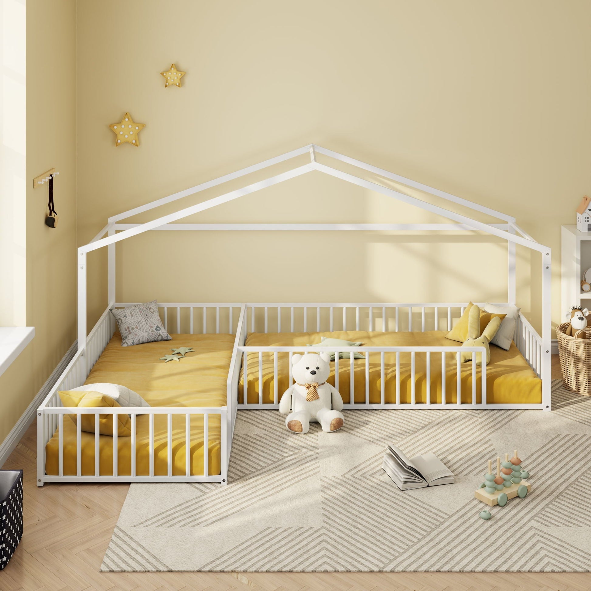 L-Shaped Montessori canopy bed for 2 kids with partitioned fence, white frame HouseOfZazla on Tampa Home & Garden Store